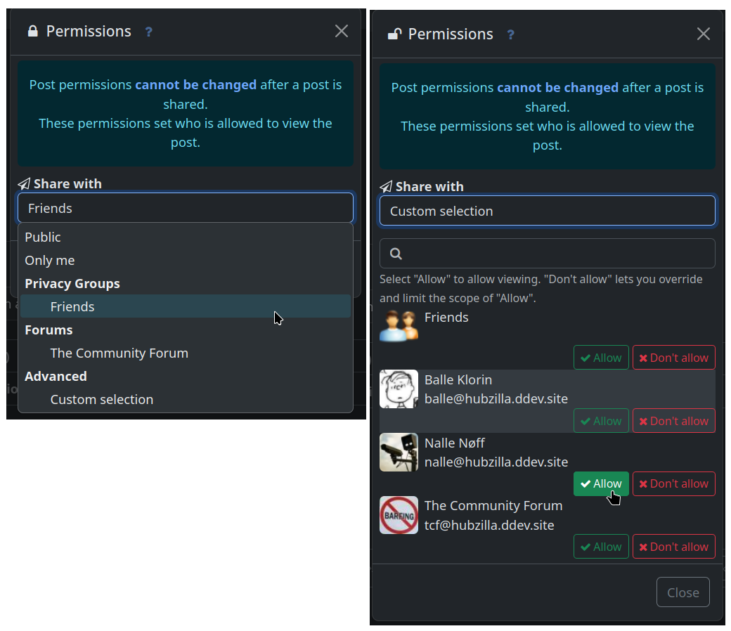 Two views of the permissions dialogue. To the left: Selecing a single privacy group or forum as recipients for the post. To the right: Using the 'Custom selection' view to gain fine grained control over the recipients.